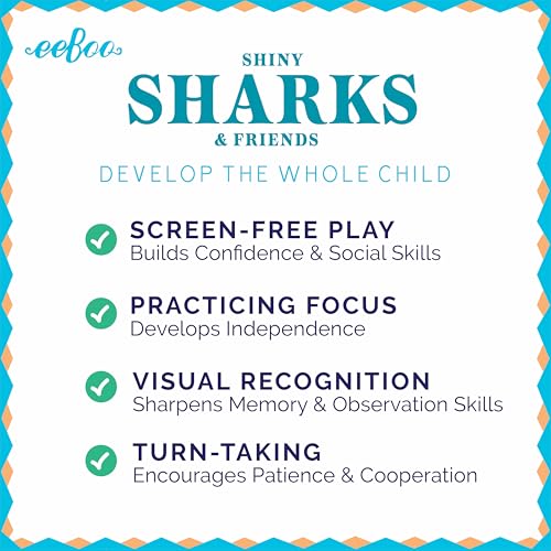 eeBoo Shiny Sharks & Friends Memory & Matching Game, Ages 3+, 1-4 Players | Introduces sharks & marine life. Sharpens recognition, concentration & memory skills. Includes 48 foil tiles, 24 pairs - style: Shiny Sharks & Frinds