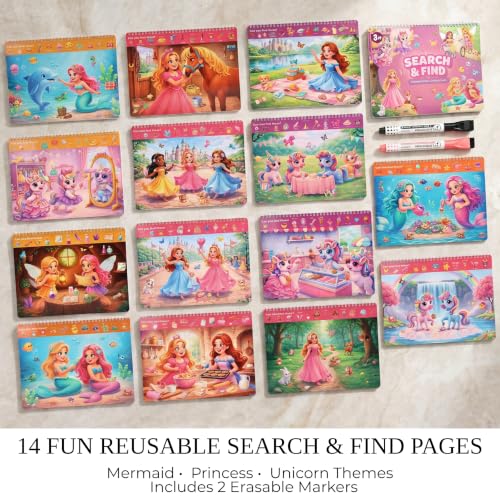 Fun Search and Find Books for Kids 3-5 - Cute Road Trip Game w Magical Scenes for Girls 4-8 w Princess, Unicorn & Mermaid - Essential Travel Activity w Markers for Hours of Fun on Car Rides & Planes