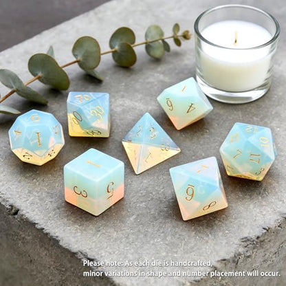 Haxtec Opal Dice Gemstone Polyhedral DND Dice Set with Premium Dice Case Compatible with Dungeons and Dragons Role Playing Board Games D&D Gift - color: White Gold-opal