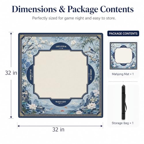 Blue Floral Mahjong Mat,Non Slip American Mah Jongg Table Mat | 32in soft neoprene mah jongg mat reduces tile noise protects tabletops & packs easily for game nights or a thoughtful gift - color: 017