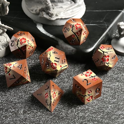 Metal Dice Set DND, DNDND 7 PCS Metallic Flowers D&D Dice with Gorgeous Gift Case for D&D Dungeons and Dragon Tabletop Game (Brown and Cream-Coloured) - color: Flower Brown