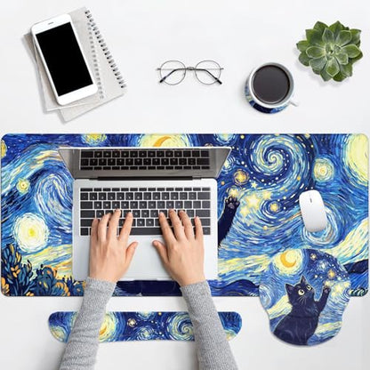 Britimes Cat Blue Moonlight Keyboard Mouse Pad Set Oil Painting Abstract 4in1 Large Mousepad+Keyboard Wrist Rest+Mouse Wrist Rest+Coaster Ergonomic Design for Home Office Computer 35.4x15.7 inches - color: Cat Blue Moonlight
