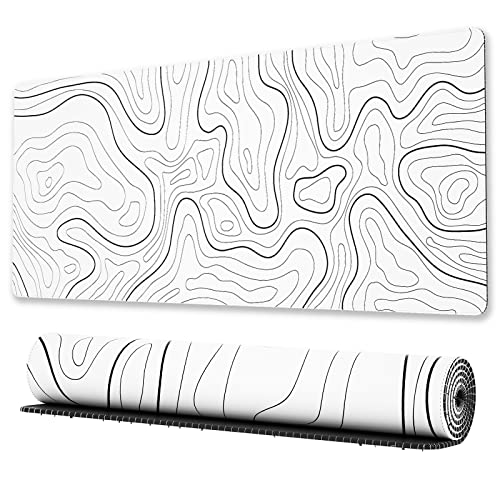 Ovenbird Large Gaming Mouse Pad with Stitched Edges, Minimalist Topographic Map Desk Mat, Extended XL Mousepad with Anti-Slip Base, Cool Desk Pad for Keyboard and Mouse, 31.5 x 11.8 in, White - color: White Topo, size: Extended