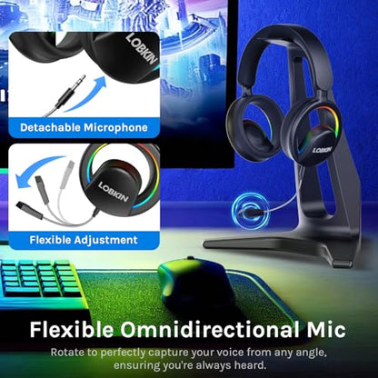 LOBKIN Open Ear Headphones, Bluetooth 6.0 Wireless Headset with Detachable Mic, Adjustable RGB Lights, Voice Assistant Comfortable Breathable Safe Lightweight Over Ear Headphones for Working Gaming