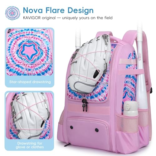 KAVIGOR Baseball Bag for Youth | Softball Backpack 50L Large Capacity with Shoe Compartment and 4 Bat Holders | Nova Flare Series - color: Pink