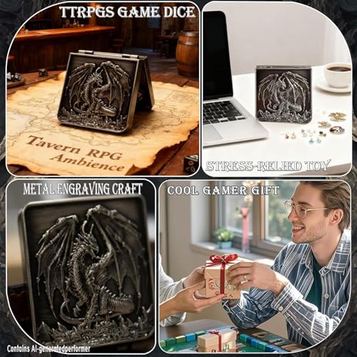 Metal DND Dice Set 7-in-1 Spinner with Dragon Case - Silver | Foldable polyhedral dice, for Dungeons & Dragons RPG games, Premium metal spinner,3D dragon, storage case included - color: Silver