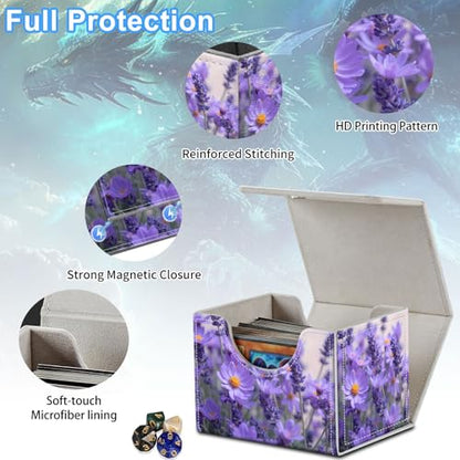 Lavender Flowers Deck Box for MTG Commander | Holds 100+ Double-Sleeved Cards | Strong Magnetic TCG Card Case for Collectible Games - color: Lavender Flowers