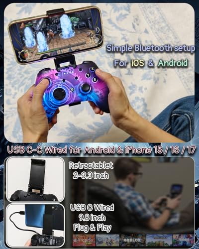 Wzuicov Multi-Platform Game Controller with RGB & Dual-Mode Bluetooth & Wired Connection, Wireless Gamepad for Switch/Switch 2/iOS/Android/PC/TV Box/Tesla, Includes 2 USB-C Cables & Adapter - color: Black&Blue