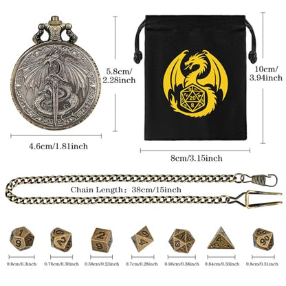 Mini DND Dice Set, Flying Dragon Holds Long Sword Pocket Watch Shell Case, DND Starter Set, 7pcs Polyhedral Metal Dice Set, D&D Gifts with Gift Bag, Role Playing Board Game Accessories,Bronze - color: Bronze