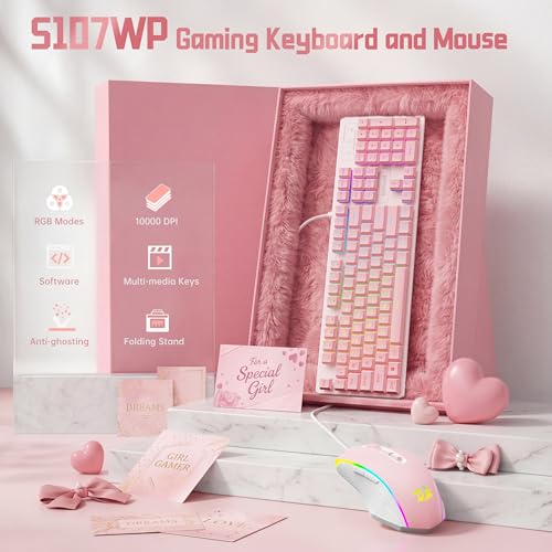 Redragon Updated S107WP Gaming Keyboard and Mouse, RGB Gaming Keyboard and 10000 DPI Mouse Combo with 25-Key Anti-Ghosting, 1K Hz Programmable Mice with Software, Plug & Play to PC, Laptop - Pink - color: Pink