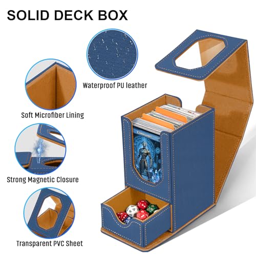 Card Deck Box for MTG Commander, Fits 100+ Double-Sleeved Cards Card Case | with Detachable Dice Tray, 2 Dividers, Removable lid, Trading Card Storage Box, Sturdy and Durable, Fits TCG/PTCG/Sports Card - color: Gray Blue and Brown