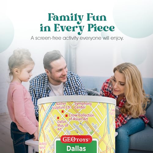 Geotoys Dallas Mini City Puzzle - 100 Piece Puzzles for Kids and Adults in Portable Can, 13" x 10" Educational Travel Puzzle for Ages 7 and Up - Mini Puzzles to Learn & Explore Geography - style: Dallas