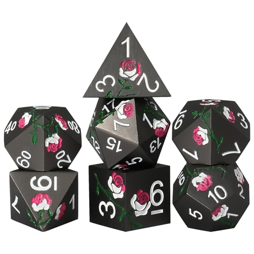Rose Engraved Metal Dice Set 7PCS for DND RPG Tabletop Gaming | Solid zinc alloy build with 150g weight for balanced rolls(Dark Grey with Iridescent Rose) - color: Dark Grey With Iridescent Rose