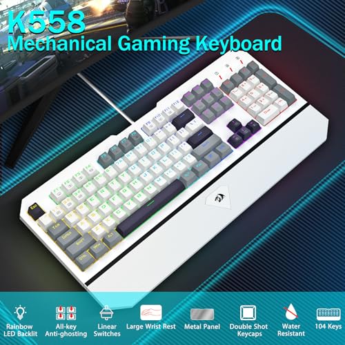 Redragon Mechanical Gaming Keyboard Wired, Light Up Backlit, Linear Switches, 104 Keys Anti-Ghosting, Big Wrist Rest, Metal Frame, Durable Keycaps for Computer PC Mac Xbox Gamers