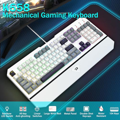 Redragon Mechanical Gaming Keyboard Wired, Light Up Backlit, Linear Switches, 104 Keys Anti-Ghosting, Big Wrist Rest, Metal Frame, Durable Keycaps for Computer PC Mac Xbox Gamers