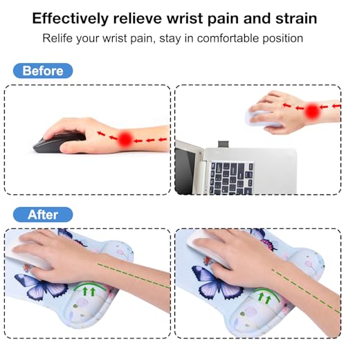 MEGREZ 4-in-1 Mouse Pad with Wrist Rest Ergonomic Memory Foam Desk Mat Set | ergonomic, anti-slip base, 4pcs set, desk pad, mouse wrist rest, keyboard rest, coaster, ideal for office & gaming - color: Green Butterfly Pink Flower