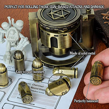 CZYY Metal Polyhedral Bullet Dice Set with Spinning Revolver Cylinder Case | Complete 7-Dice Set, Solid Metal, RPG Fidget Tool, Accessories for DND, Sci-Fi, Western & Tabletop Game Themes, Bronze - color: Bronze