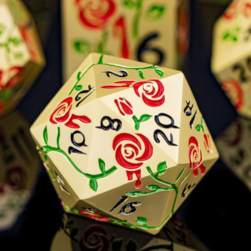 Gothic DND Dice Set Bleeding Rose Metal D and D Dice for use with Dungeons Dragons D&D Role Playing Game, Red RPG Blood Polyhedral Dice Set D20 D12 D10 D8 D6 D4 - color: Red&gold&black Numbers
