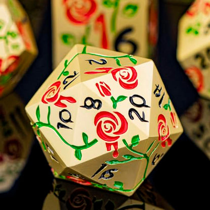 Gothic DND Dice Set Bleeding Rose Metal D and D Dice for use with Dungeons Dragons D&D Role Playing Game, Red RPG Blood Polyhedral Dice Set D20 D12 D10 D8 D6 D4 - color: Red&gold&black Numbers
