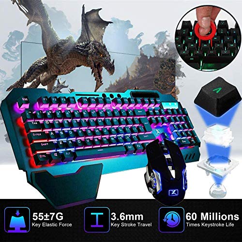 Wireless Membrane Gaming Keyboard and Mouse with Rainbow LED Backlit-Purple | Rechargeable 4800mAh Battery,Metal Panel,Ergonomic,Waterproof,Dustproof,7 Color Mute 2400 DPI Mice for Computer PC Mac Gamer - color: Purple Mixed
