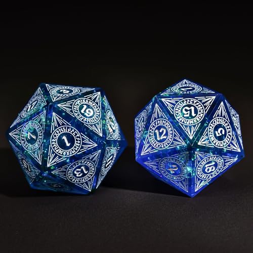Cusdie Single D20 DND Dice with Sharp Edges and Glitter Foil Inclusions, 20 Sided D&D Dice, 33mm Handcrafted Polyhedral Dice, for Role Playing Game (Blue w/White Pattern) - color: Blue W/White Pattern