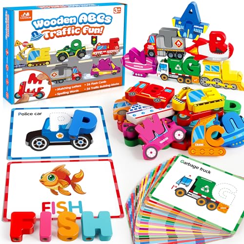 Wooden Vehicle Alphabet Puzzle for Toddlers, Traffic ABC Letter Sight Words Matching Game with 52 Blocks and Flash Cards, Spelling Game Toys, Kindergarten Preschool Learning Activities