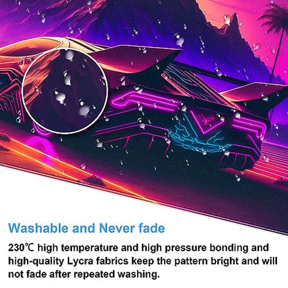 Synthwave Desk Mat, Retro Car XXL Large Gaming Mouse Pad 31.5x15.7 in | Neon cyberpunk car desk pad with soft 3mm cushion, smooth textile surface, and steady non-slip rubber core. - color: Futuristic Neon City