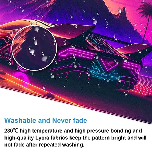 Synthwave Desk Mat, Retro Car XXL Large Gaming Mouse Pad 31.5x15.7 in | Neon cyberpunk car desk pad with soft 3mm cushion, smooth textile surface, and steady non-slip rubber core. - color: Futuristic Neon City