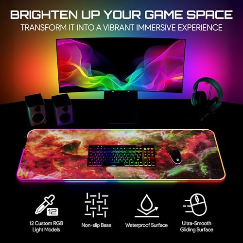 Gerlos RGB Gaming Mouse Pad, Large LED Desk Mat, 31.5 x 11.8 Inch | 12 light modes, non-slip base, water-resistant surface, stitched edges - color: Red