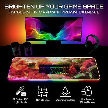 Gerlos RGB Gaming Mouse Pad, Large LED Desk Mat, 31.5 x 11.8 Inch | 12 light modes, non-slip base, water-resistant surface, stitched edges - color: Red