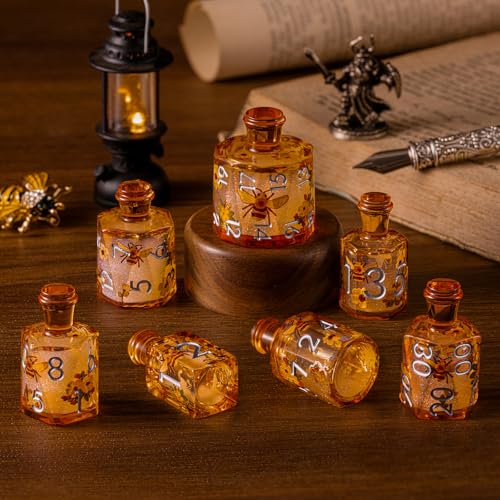 Handcrafted Resin Dice Set with Liquid Core – Potion-Inspired Polyhedral Dice for DND & Tabletop RPG, Sharp Edge 7-Piece Set - color: Bottle-bee, style: bottle