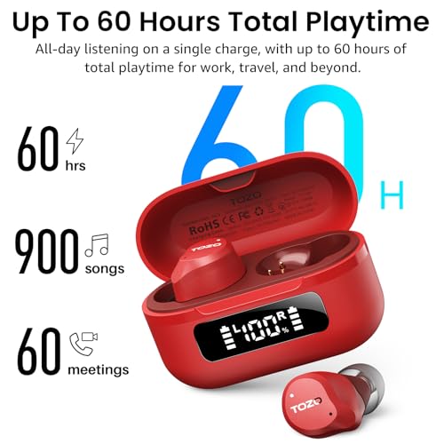 TOZO NC9 Hybrid Active Noise Cancelling Wireless Earbuds, 60H, LED Display | 6 Mic ENC Clear Calls, Deep Bass Sound, IPX8 Waterproof, in Ear Bluetooth 5.3 Headphones,32 EQs via APP, Comfort Fit Ear Buds - color: Red