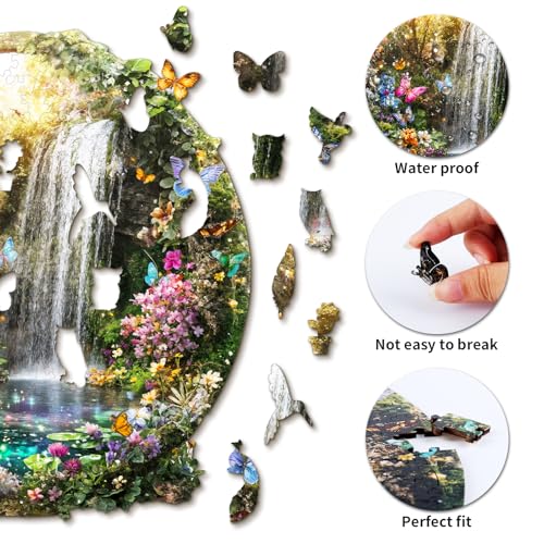 Wooden Puzzles for Adults, Butterflies and Waterfalls Jigsaw Puzzles, 301 Piece Unique Shaped Puzzle, 3D Visual Landscape Shape Puzzle, Gifts for Adults，Wall Decor(13.4 * 13 in) | Unique Shape Wooden Jigsaw Puzzle for Adults, Wood Puzzles, Challenge Woode