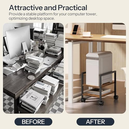 HOOBRO PC Stand, 2-Tier PC Tower Stand Fits Most Computer Towers, CPU Holder for Floor, Height Adjustable, CPU Stand with Wheels Under Desk, for Home Office, Rustic Brown and Black BF11CJ01 - color: Rustic Brown, Black