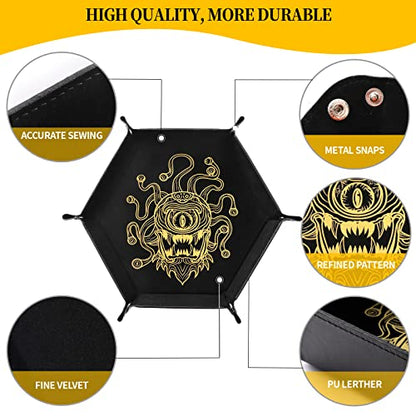 Grajar 2 Pcs Portable Folding Dice Rolling Tray Set for RPG DND Table Games - PU Leather and Velvet Holder Storage Box - Beholder - color: Beholder