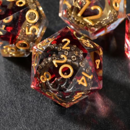 DND Dice Set Polyhedral, Translucent Liquid Core Dice, Resin Octopus Design for Dungeons Dragons D and D TRPG Gaming Dice（Red） - color: Octopus-red