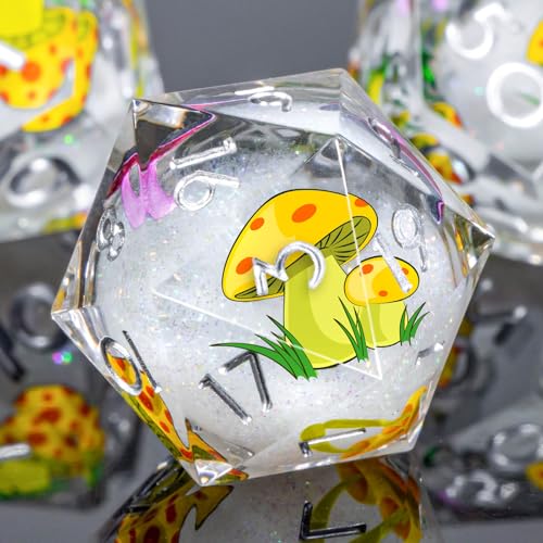 OUKELANWO Liquid Core Mushroom DND Dice Set D&D, 7Pcs Resin Sharp Edge Dice with Gift Box, Dungeons Dragons D and D Role Playing Gaming Dice D20 D12 D10 D8 D6 D4, White and Yellow - color: White and Yellow