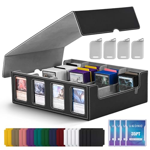 UAONO Trading Card Storage Box with Commander Display, Black Grey | 2400+ Deck Box for MTG with Removable Cover, Top Loaders Card Case Fits Magic TCG PTCG Sports Cards, 24 Dividers, 4 Stoppers - color: Black&Gray, size: 4 row