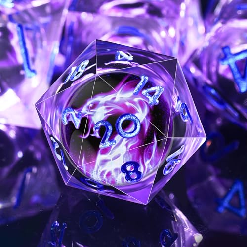 AUSTOR Violet Flame Dragon Dice Set - 7 Pieces Resin Dice: D20, D12, D10, D8, D6, D4 with Case - color: Violet Flame Dragon