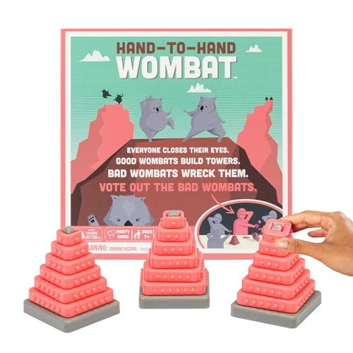 Exploding Kittens Hand to Hand Wombat, 3-6 Players, Age 7+ | Build towers with your eyes closed, spot the secret saboteurs, and vote out the Wicked Wombats before they wreck it all!