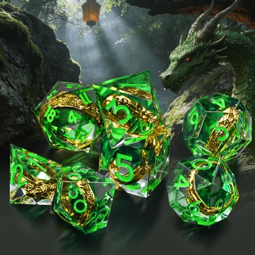 FONVGOGO Magic Lord Rings DND Dice Set, Sharp Edge Resin D and D Dice with Box 7Pcs Dungeons and Dragons Polyhedral Dice Set for Role Playing Game Gift Tabletop Games (Ring Green) - color: Ring Green