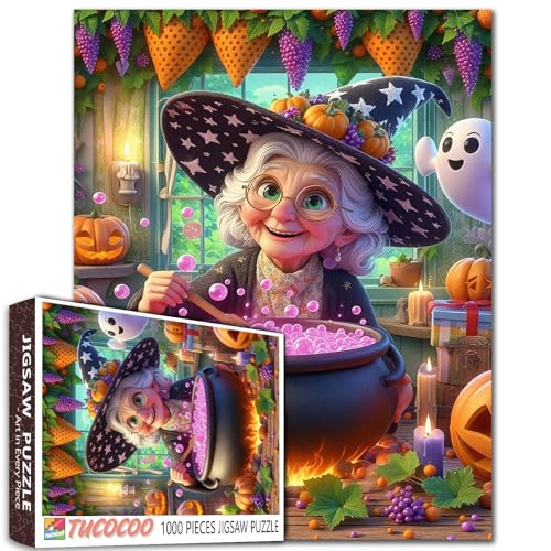 Grandma Witch Brewing Potion in Halloween Kitchen 1000 Piece Jigsaw Puzzle for Adults Students 20×27 Inches Magical Jigsaw with Pumpkins Bubbles Ghost Candles Autumn Puzzle Gift for Home Decor - color: Puzzle-hall Old Woman-04