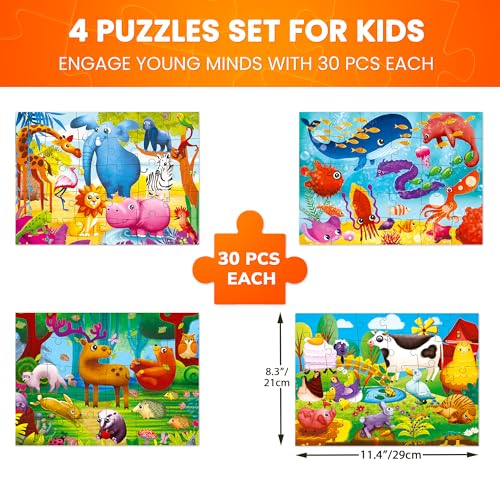 30 Piece Puzzles for Kids 3-5 - 4 Jigsaw Kids Puzzles Ages 2-4 | Animal Learning Jigsaw Puzzle for Kids 4-6 Years Old - Educational Toys for Toddlers Boys and Girls - color: Domestic & Wild Animals