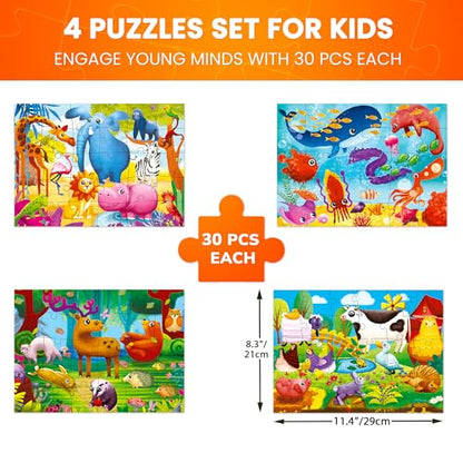 30 Piece Puzzles for Kids 3-5 - 4 Jigsaw Kids Puzzles Ages 2-4 | Animal Learning Jigsaw Puzzle for Kids 4-6 Years Old - Educational Toys for Toddlers Boys and Girls - color: Domestic & Wild Animals