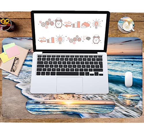 4-in-1 Large Gaming Mouse Pad, Keyboard Wrist Rest Pad & Wrist Support Mousepad Set, Extended Desk Pad Waterproof Desk Mat for Home Office Study Game-Beach - color: Beach