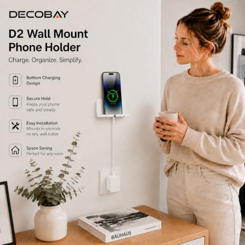 Wall Mount Phone Holder with Cable Hole & Hooks, Adhesive Wall Phone Holder, Phone Charging Dock & Organizer for Bedroom, Bathroom, Kitchen, Office, Dorm & RV (White) - color: White