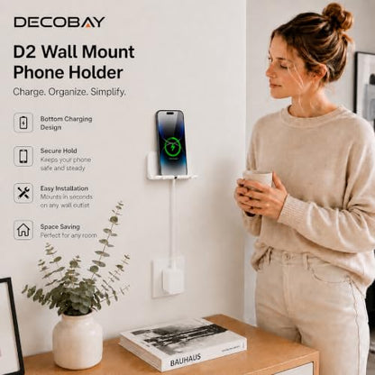 Wall Mount Phone Holder with Cable Hole & Hooks, Adhesive Wall Phone Holder, Phone Charging Dock & Organizer for Bedroom, Bathroom, Kitchen, Office, Dorm & RV (White) - color: White