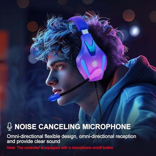PHOINIKAS PS4 Gaming Headset for PC, Switch, PS5 Headset with 7.1 Stereo Sound, Gaming Headphones with Noise Cancelling Mic, LED Light, Over Ear Headset for Laptop, Mobile (Violet)