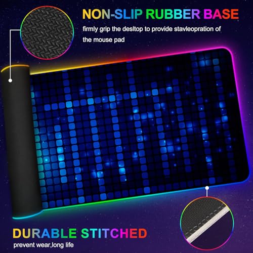 ARTSO Blue RGB Gaming Mouse Pad, XXL Mousepad Non-Slip Rubber Base, Cool Computer Desk Pad Keyboard Mat LED Glowing Square Extended Mouse Pad for Gamer - color: Blue Glowing Square