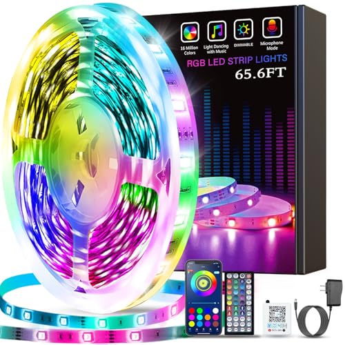 Tenmiro Led Lights for Bedroom, Music Sync LED Rope Lights APP Control with Remote, RGB Led Strip Lights for Room Kitchen Party Home Decoration (65ft) - size: 65FT